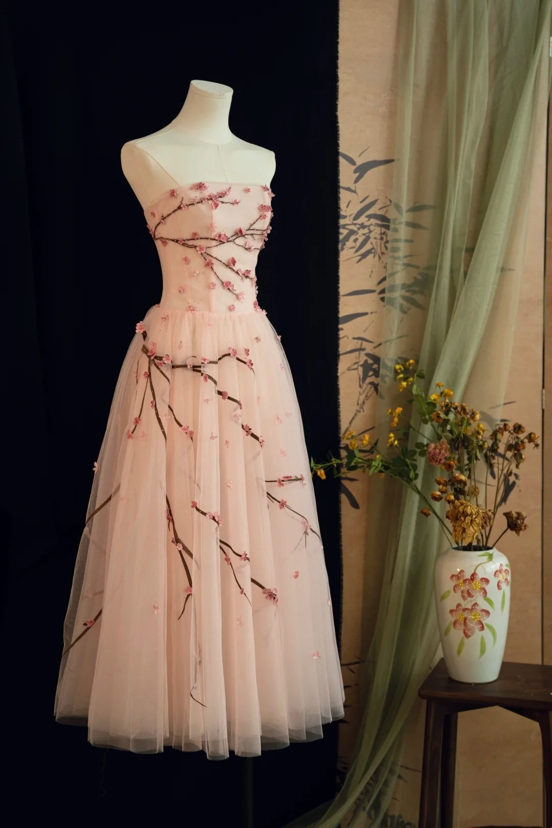 formaldressy- Vintage Peach Pink Plum Blossom 3D Embroidered Strapless Tulle Chinese Style Evening Gown gh6034