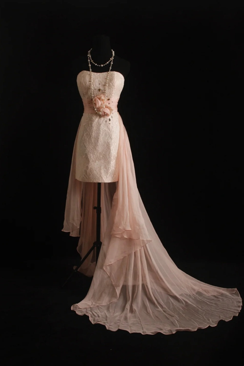 formaldressy-Light Pink Lace and Chiffon Sleeveless High-Low Train Evening Gown gh6306