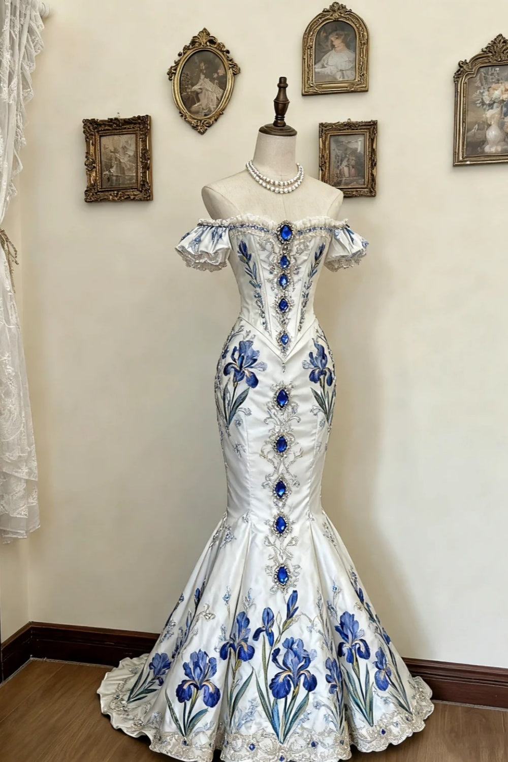 formaldressy-Iris - Embroidered Satin & Royal Blue Diamond - Inlaid Off - Shoulder Mermaid Floor - Length Evening Dress gh5894