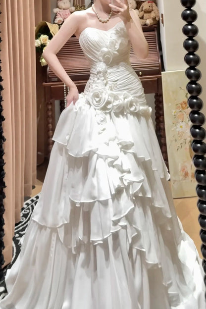 formaldressy-White Sweetheart Neckline Floral Long Tulle Princess Formal Prom Dress Graduation Dress Evening Dress Wedding Dress gh5976