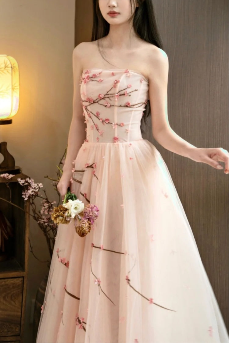 formaldressy- Vintage Peach Pink Plum Blossom 3D Embroidered Strapless Tulle Chinese Style Evening Gown gh6034