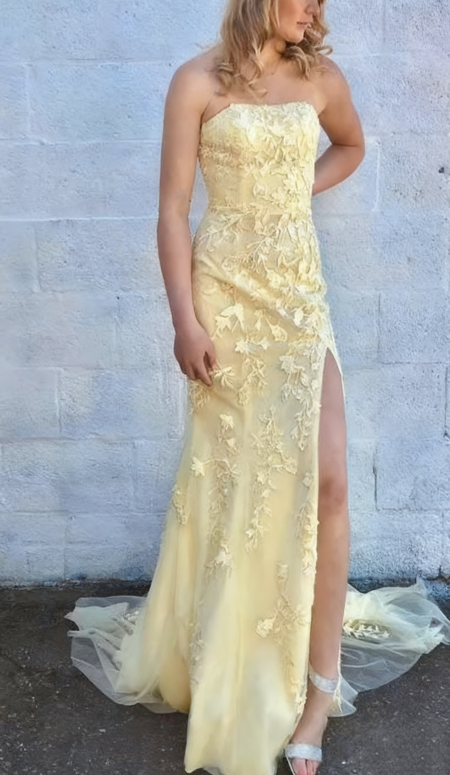 formaldressy-Yellow floral long slit floor-length tulle prom dress ball gown gh5922