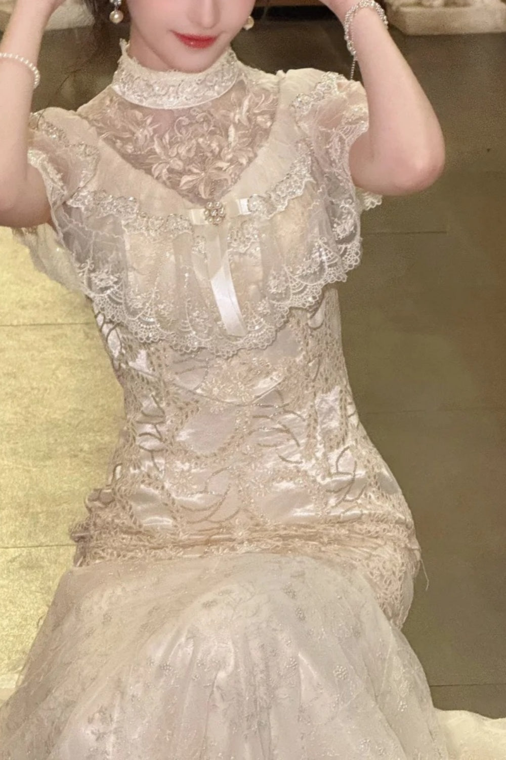 formaldressy-Birthday dress Lace Embroidery High-neck Gown, Retro Elegance Shows Feminine Softness gh5898