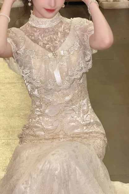 formaldressy-Birthday dress Lace Embroidery High-neck Gown, Retro Elegance Shows Feminine Softness gh5898