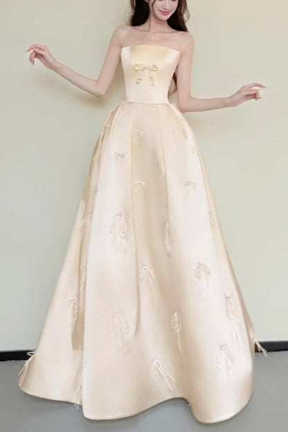 formaldressy-Sweet Bow Exquisite Beaded Long Satin Belle Princess Ball Gown Evening Dress Graduation Dress gh5978