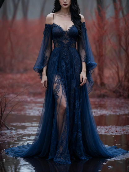 formaldressy-Long Sleeves Long Tulle Floor-Length Train Retro Elegant Ball Gown Evening Dress gh5943