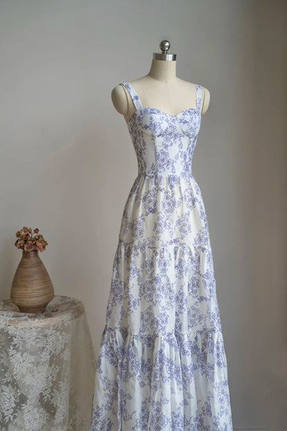 formaldressy- Vintage Blue-White Floral Square Neck Spaghetti Strap Long Style Evening Gown gh6036