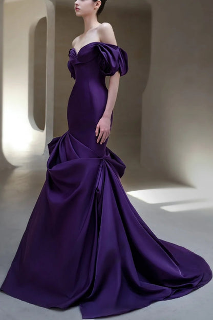 formaldressy-Purple Elegant Long Satin Train Prom Dress gh6236