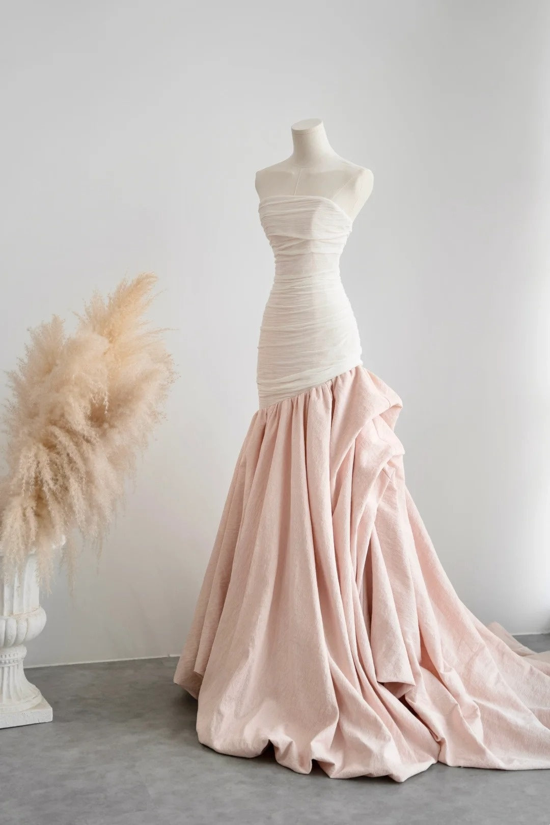 formaldressy- Vintage Pink-White Contrast Ruched Strapless Mermaid Long Evening Gown gh6091