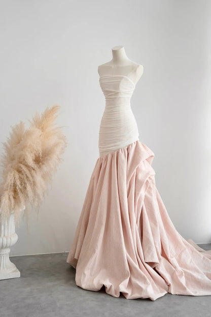 formaldressy- Vintage Pink-White Contrast Ruched Strapless Mermaid Long Evening Gown gh6091