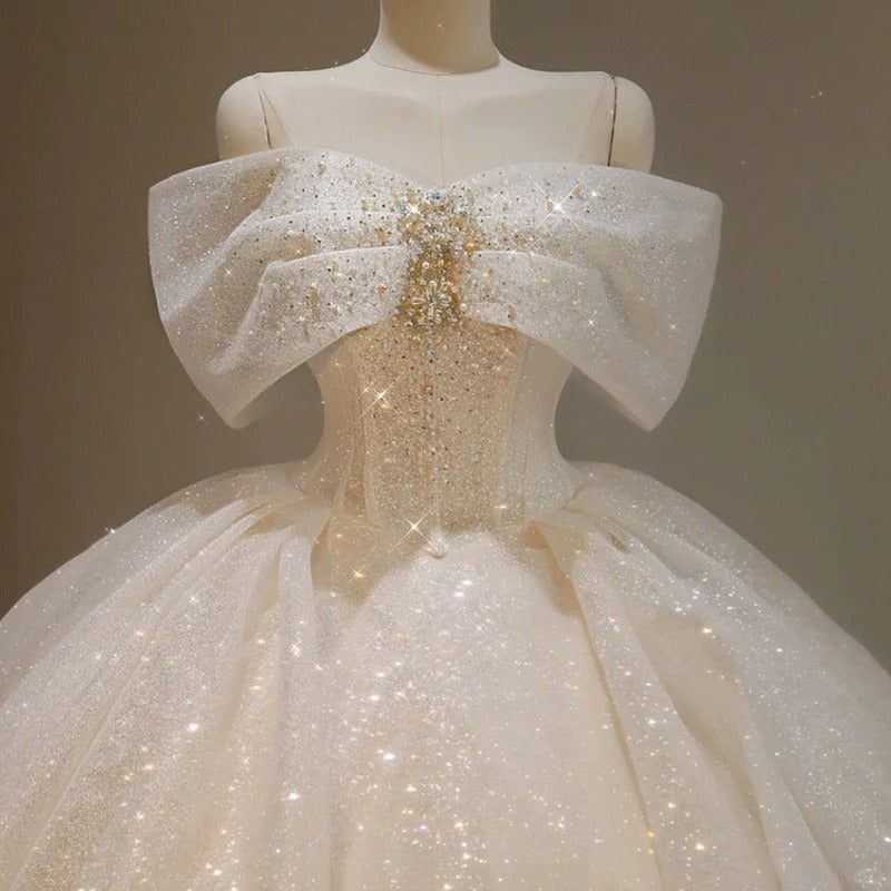 formaldressy-White Sparkling Gorgeous Off Shoulder Bow Starry Bead Decoration and Ground Formal Ball Dress Lace Dress Exquisite Wedding Dress gh5312