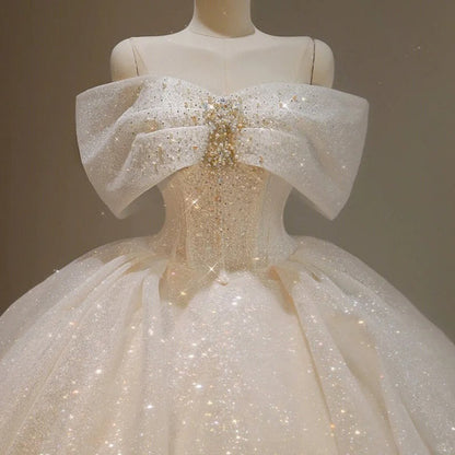 formaldressy-White Sparkling Gorgeous Off Shoulder Bow Starry Bead Decoration and Ground Formal Ball Dress Lace Dress Exquisite Wedding Dress gh5312