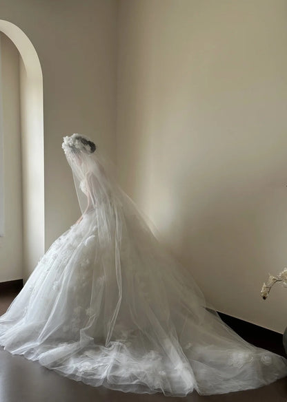 formaldressy- Vintage White 3D Floral Strapless Long Train Court Style Wedding Gown gh6093
