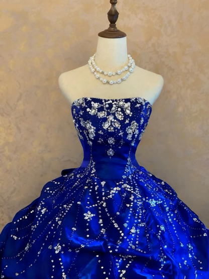 formaldressy-Royal Blue Gradient Satin Strapless Rhinestone-Embellished Floor-Length Court-Style Gown gh6367