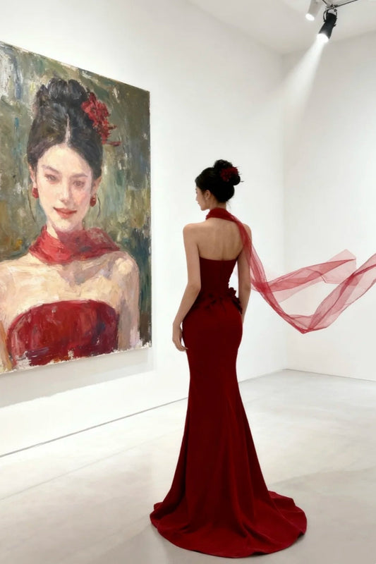 formaldressy-Red Floral Bodycon Satin Floor-Length Ball Gown Prom Dressgh5960