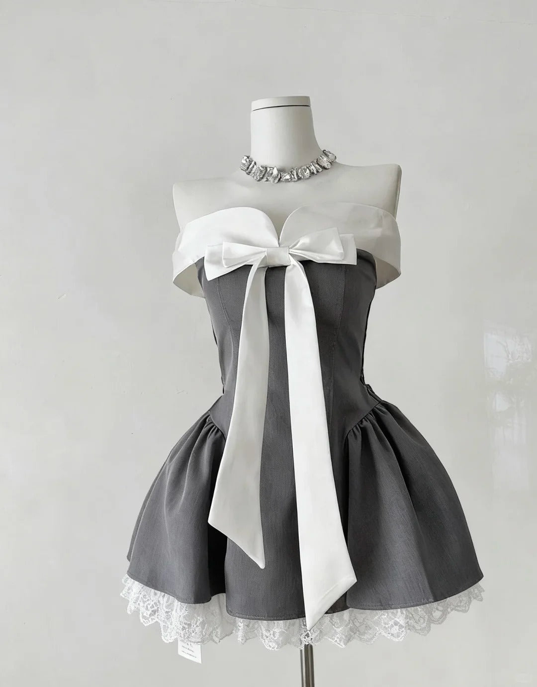 formaldressy--Gray Sweet Short Satin Lace Homecoming Dress gh5688