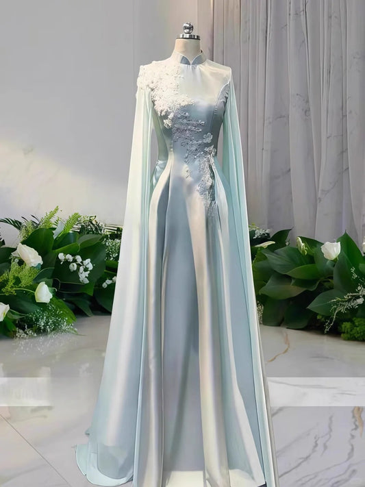 formaldressy-Light green floral bead long satin ball gown Prom dress ceremonial dress long sleeved gh5309