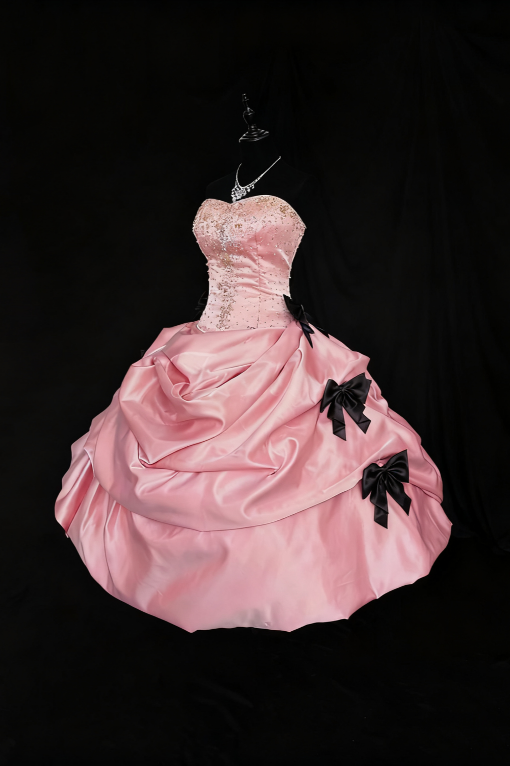 formaldressy-Girlish Heart Party Style Pink Satin & Black Bow Beaded Strapless Floor - Length Birthday Highlight Dress gh5888