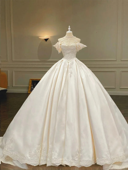 formaldressy--__hite vintage exquisite beaded tube top satin lace wedding dress, court beauty, elegance and sexiness gh5441