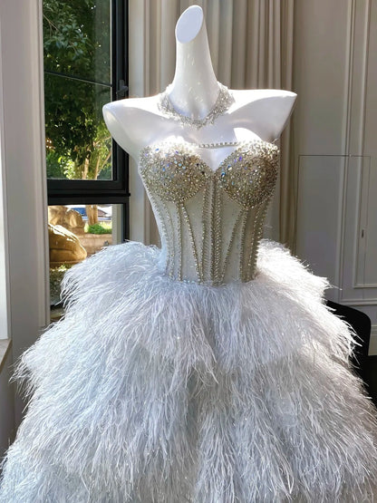 formaldressy--White exquisite beaded long elegant fairy feather wedding dress gh5445