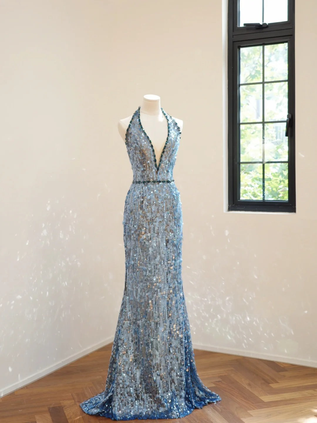 formaldressy-Blue fashion V-neck long sequined Prom dress evening dress gh5069