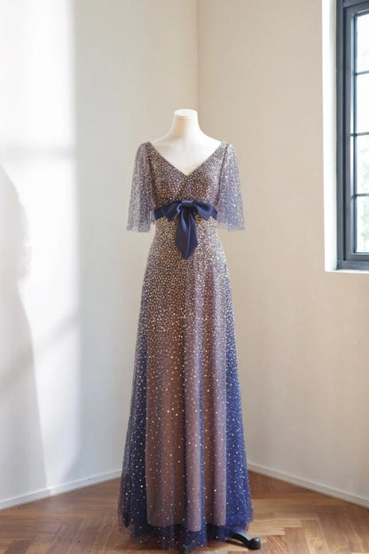 formaldressy-Vintage Blue-Gold Gradient V-Neck Sequin Bow Long Evening Gown gh6030