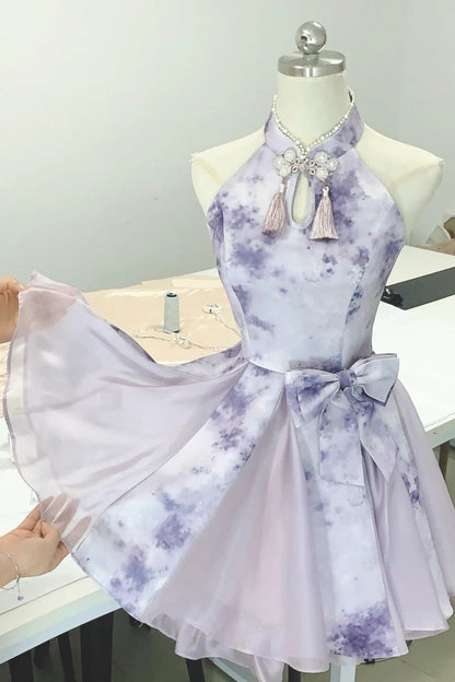 formaldressy--Purple gradient color new Chinese style pearl stand collar with button bow fairy dress oriental aesthetics gh5731