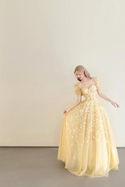 formaldressy-Vintage Goose Yellow Puff Sleeve Sequin Swing Court Style Evening Gown gh6028