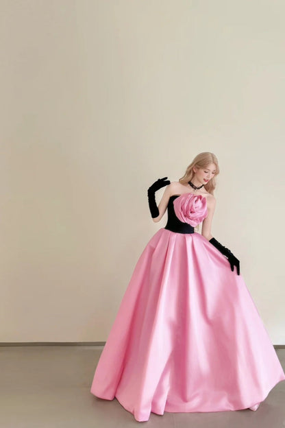 formaldressy-Vintage Pink-Black Contrast 3D Floral Strapless Swing Court Style Evening Gown gh6029