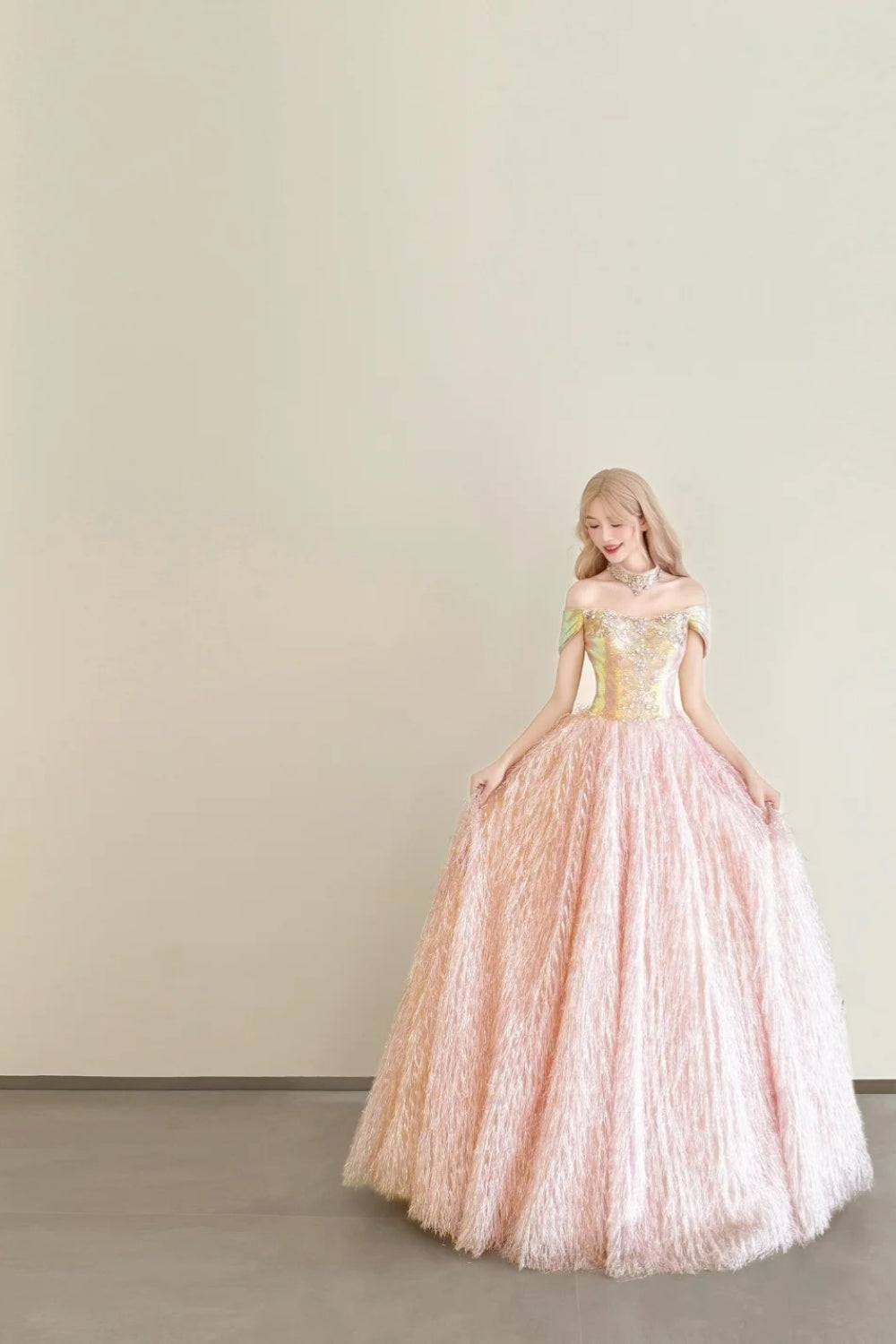 formaldressy-Vintage Pink-Gold Contrast Off-Shoulder Court Style Evening Gown gh6027