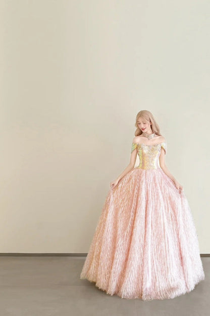 formaldressy-Vintage Pink-Gold Contrast Off-Shoulder Court Style Evening Gown gh6027