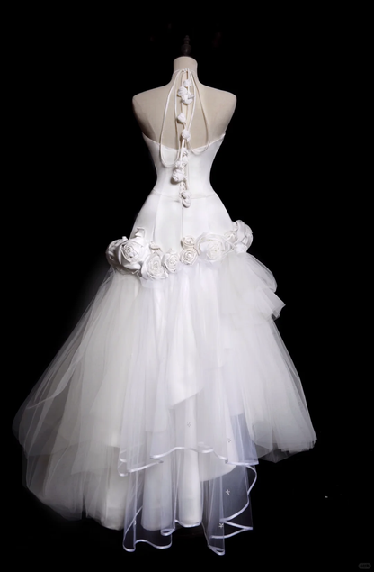Mermaid Halter White Floral Ruffle Satin Tulle Wedding Dress SH4710