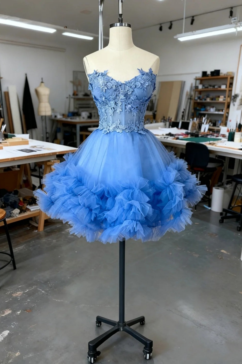 formaldressy-Blue Delicate Beaded Short Tulle Dress, Homecomming Birthday Dress gh6163