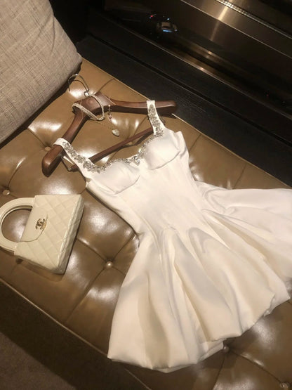 formaldressy-White short satin princess homecoming dress birthday party dress eighth grade dress gh5295