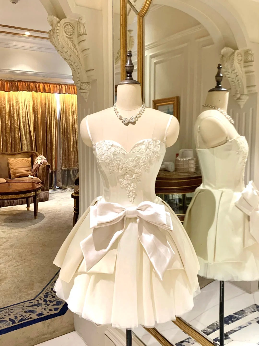 formaldressy-White bow short satin tulle homecoming dress birthday party dress eighth grade dress gh5292