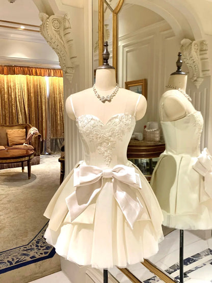 formaldressy-White bow short satin tulle homecoming dress birthday party dress eighth grade dress gh5292