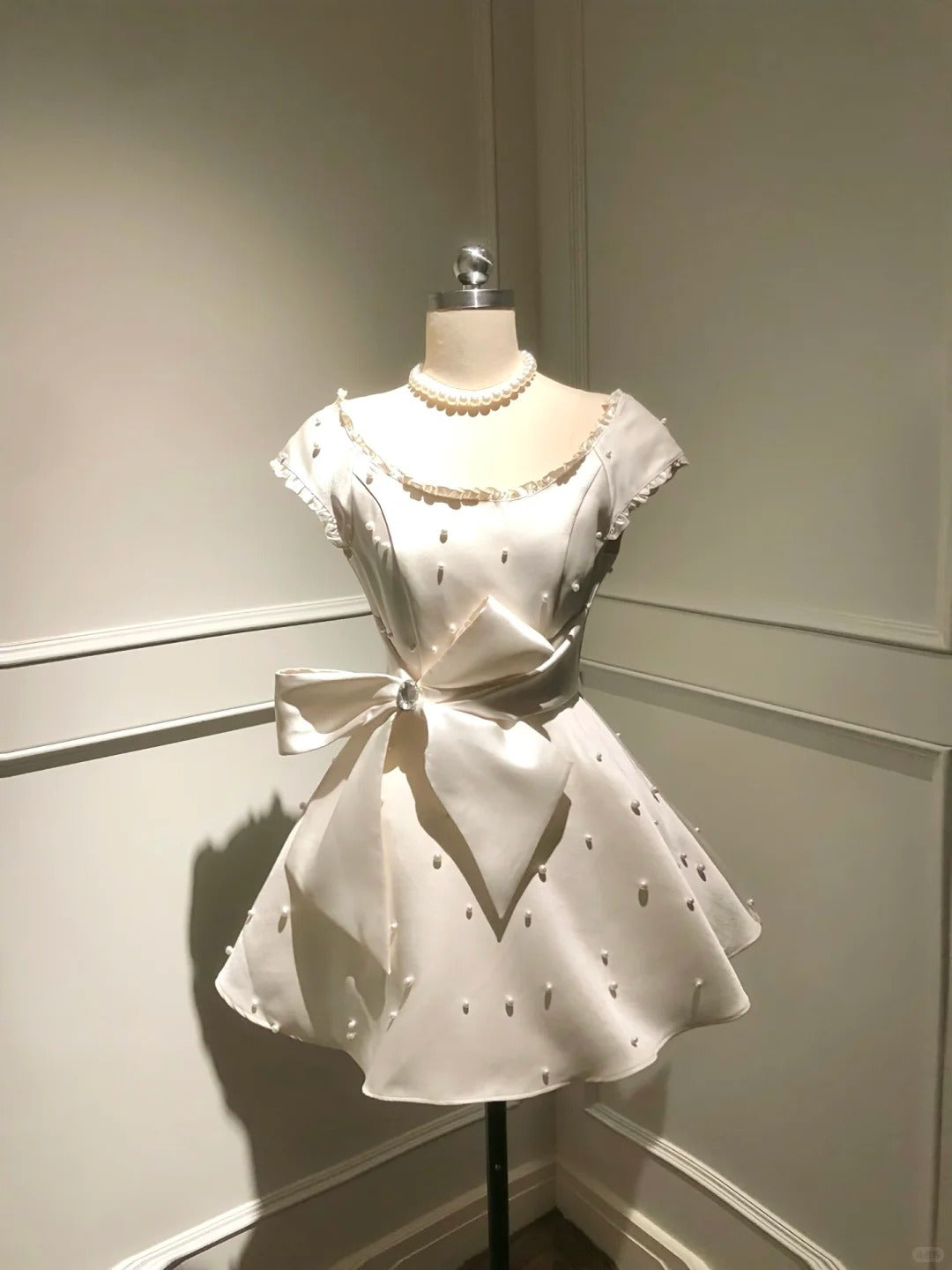 formaldressy-White Beaded Short Satin Eighth Grade Dress Homecoming Dress Birthday Party Dress gh5291