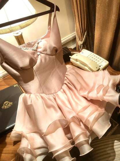 formaldressy-Pink short satin tulle homecoming dress birthday party dress eighth grade dress gh5293