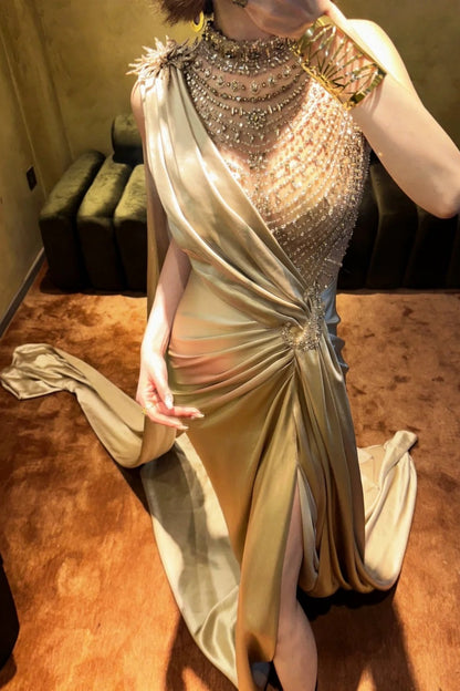 formaldressy-High - Slit Gilt One - shoulder Gown, Shining Beads Unleash Sexy Charm gh5897