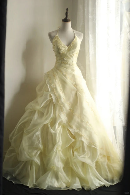 formaldressy-Yellow Retro Halter Neck Heavy Puff Princess Wedding Dress gh5425