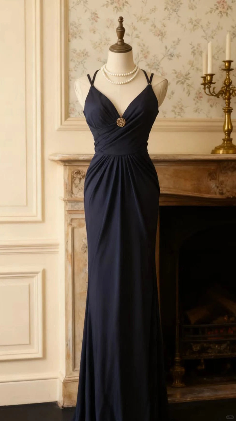 formaldressy-Elegant navy blue spaghetti strap deep V neck waist dress, vintage embellished elegant long evening gown  gh5826