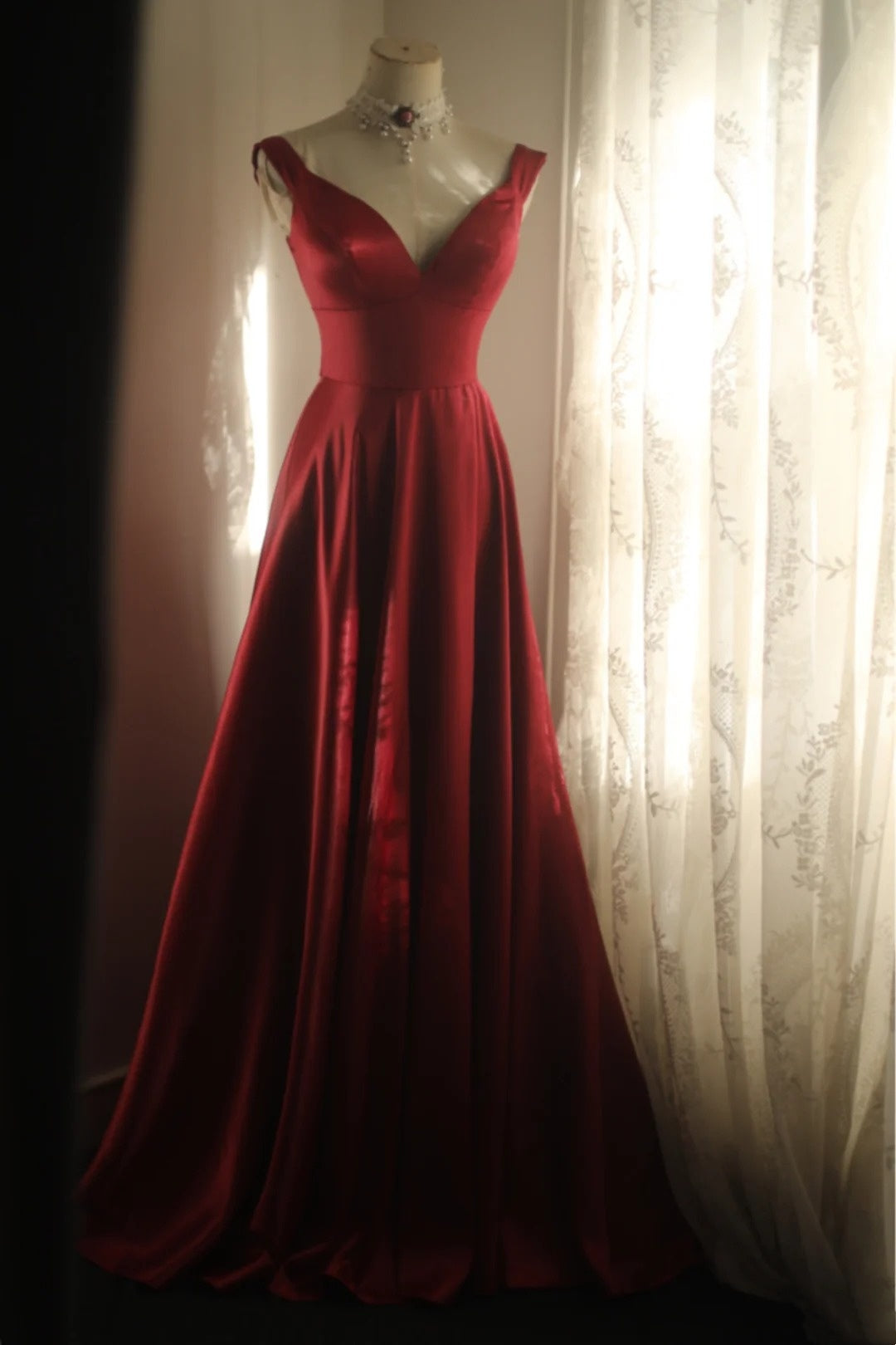 formaldressy-Sleeveless Wine - Red Satin A - line Floor - length Evening Dress gh5832