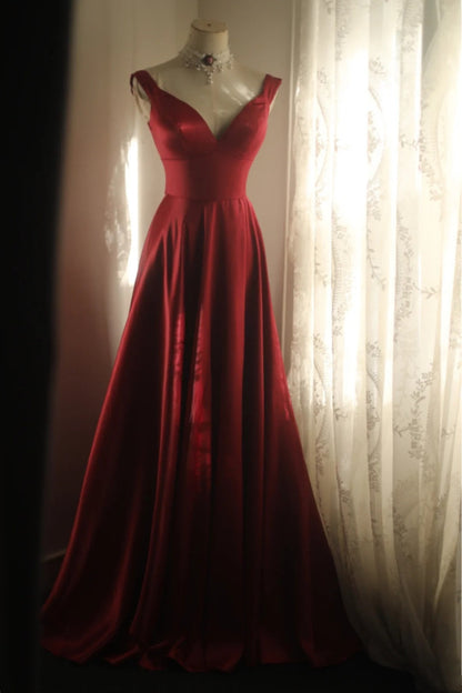 formaldressy-Sleeveless Wine - Red Satin A - line Floor - length Evening Dress gh5832