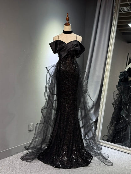 formaldressy -Black shiny elegant long sequined tulle Prom dress evening gown graduation dress gh5107