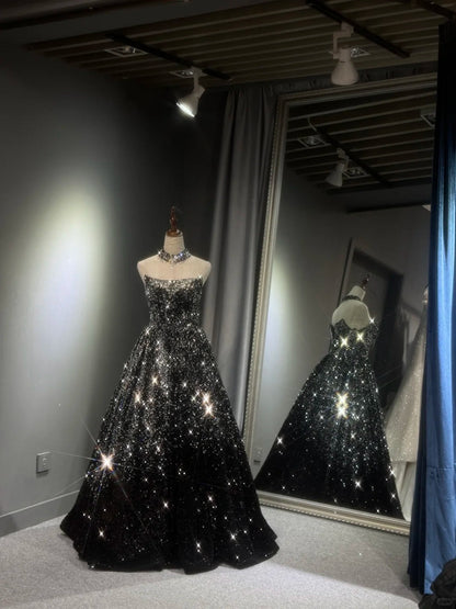 formaldressy -Black silver gradient shimmering long sequined tulle ball gown evening dress gh5109