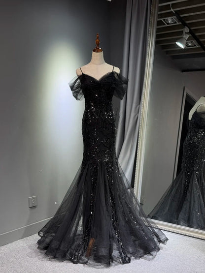 formaldressy -Black shiny mermaid long sequined ball gown evening dress graduation dress gh5112
