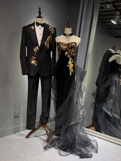 formaldressy -Black shiny elegant long gold sequined tulle trailing ball gown evening gown graduation gown gh5108
