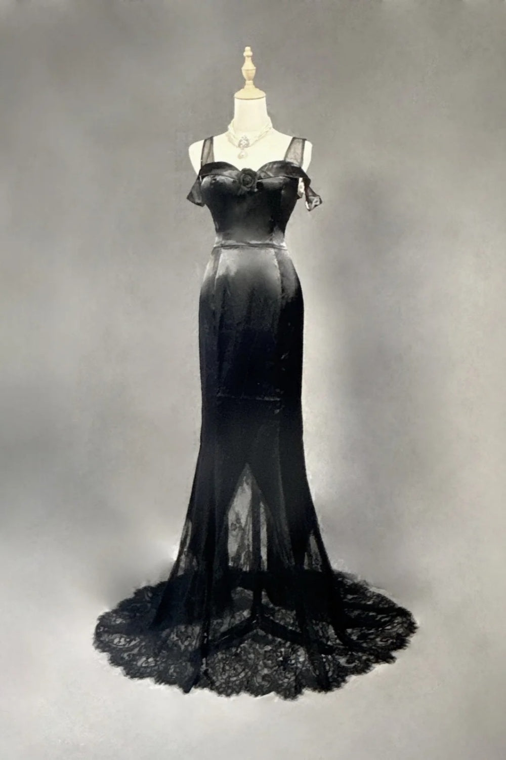 formaldressy-Black Satin Lace Long Dress gh6247