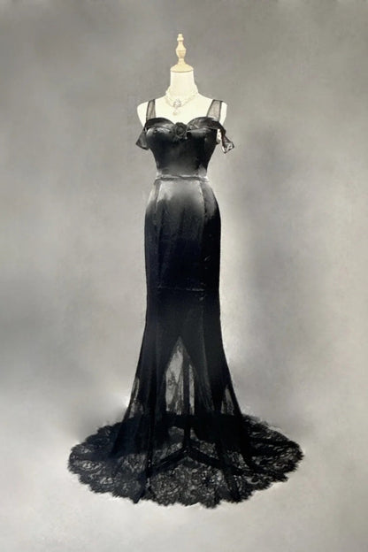 formaldressy-Black Satin Lace Long Dress gh6247