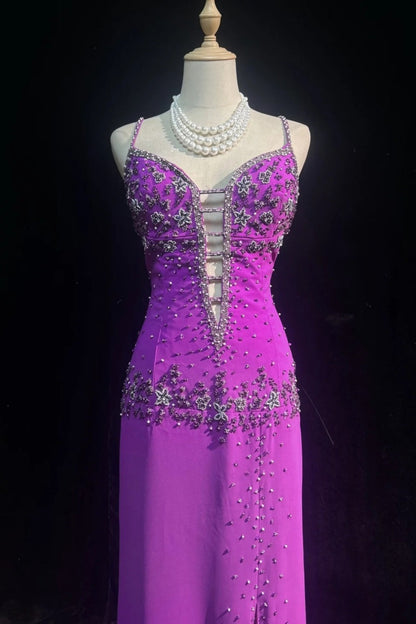 formaldressy-Purple beaded long satin Prom dress gh6245